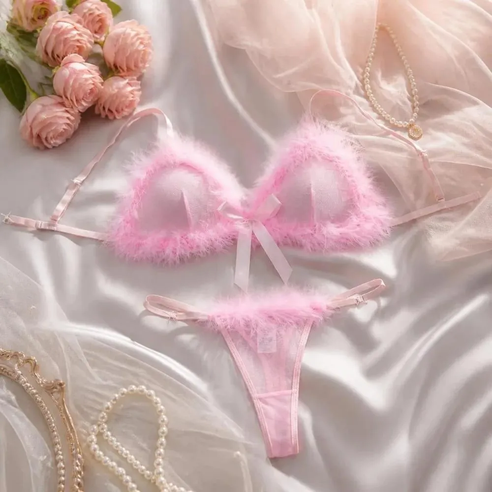 New Year Furry Women's Underwear Wireless Bow Decor Lingerie Set Romantic Intimate Mesh Transparent Bra Panties Suit Home — image 3