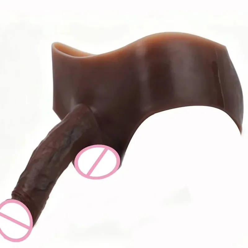 Nude Black Silicone Large Realistic Hollow Penis Panties Briefs Wearable Penis Sleeve Enlarger Extender Sex Toys For men — image 1