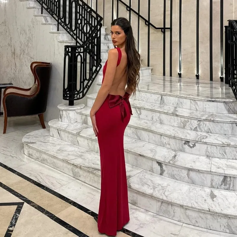 Suninheart Women's Sleeveless Evening Dress Sexy Big Bow Backless Gala Dress Red Maxi Wedding Guest Party Dresses — image 4