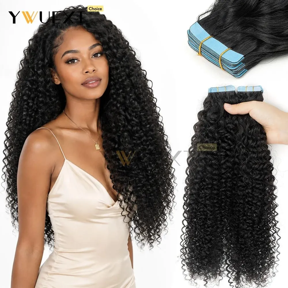 Water Wave Tape In Hair Extensions Human Hair Natural Black Color 1B# for Women 20pcs/pack Thick End Hair Extensions — image 2