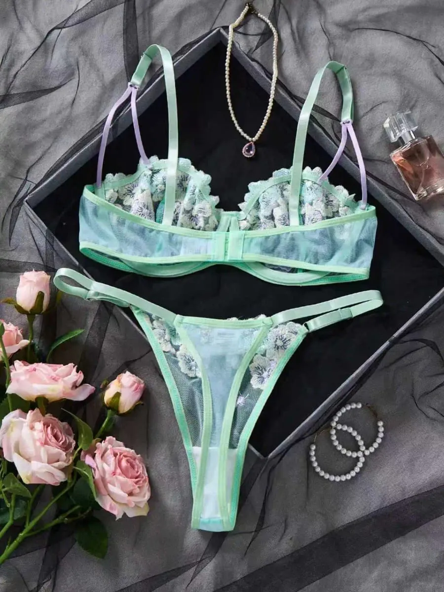 Sheer Mesh Floral Embroidery Lingerie Set Women Underwire Bra And Thong Set Color Contrast Sexy Lace Intimate Lingerie — image 2