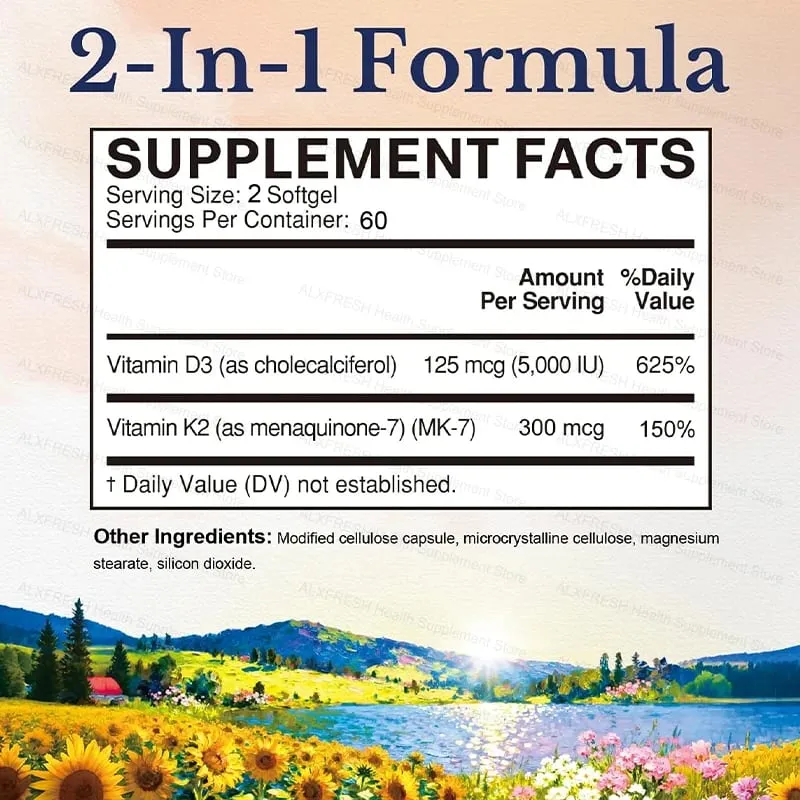 D3K2 Vitaminecapsules 5000 IE 300 mcg voor calciumabsorptie Bottanden Immuunsysteem en hartgezondheid Niet-GMO — image 5
