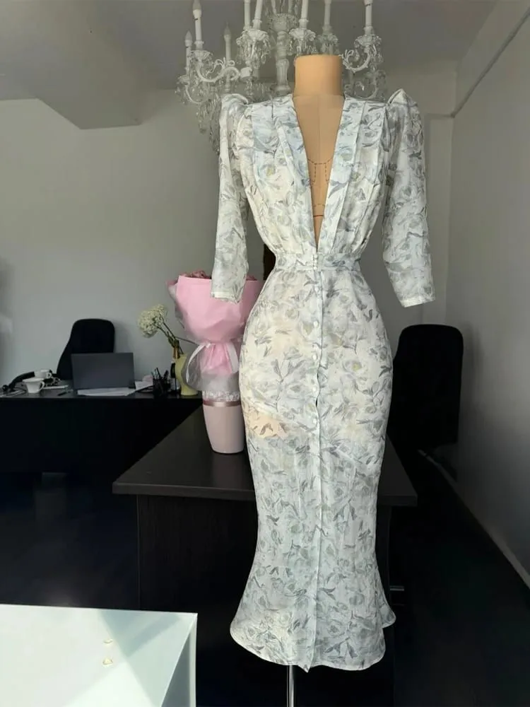 Fesyen Seksi Organza Floral Printed Maxi Dress V-neck Puff Sleeve 2026 Musim Panas Baru Romantik Wanita Gaun Pesta Wanita Elegan Vestido