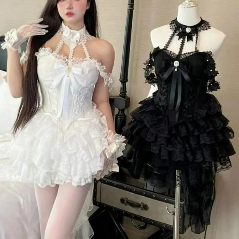일본 빅토리아 스위트 로리타 드레스 여성 하라주쿠 Y2k 보우 레이스 홀터넥 넥 이브닝 파티 미니 드레스 카와이 블랙 레드 Deess — image 2
