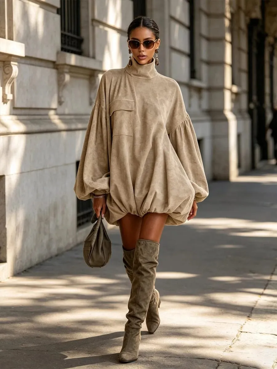 Autumn Winter Turtleneck Mini Dress Women Elegant Lantern Long Sleeve Loose Straight Short Dress Casual Streetwear Dresses — image 5