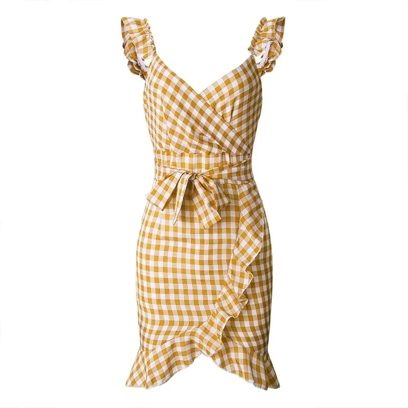 Nako-customize na Plaid Lace Up Bodycon Dress Women Ruffles Summer Dress Off Shoulder V Neck Backless Irregular Bow Tie Dresses — image 11