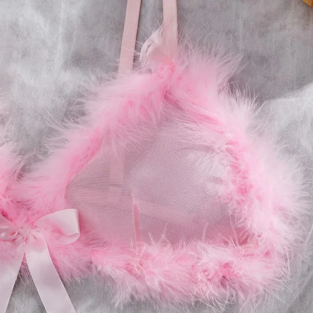 New Year Furry Women's Underwear Wireless Bow Decor Lingerie Set Romantic Intimate Mesh Transparent Bra Panties Suit Home — image 5
