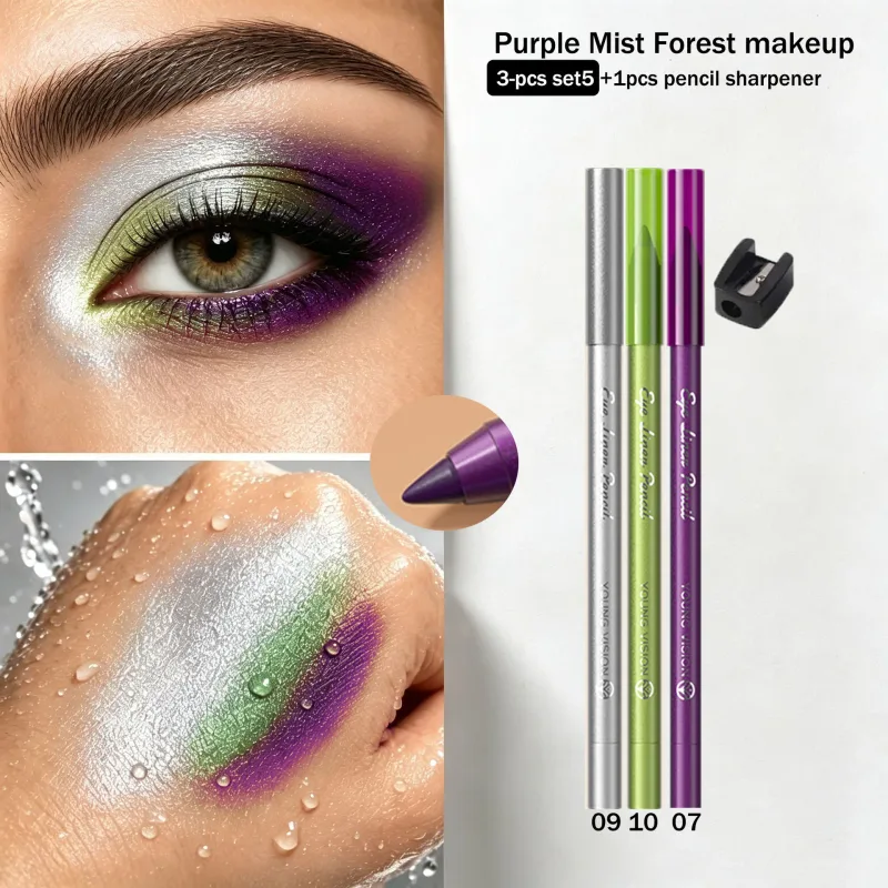 3pcs Pearlescent Eyeliner Pencil Blue Green Purple Multifunctional Eyeshadow Pencil Waterproof High Pigment Eye Liner Makeup