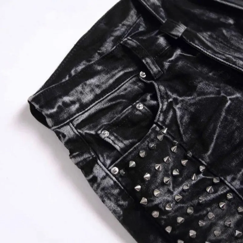 2025 Four Seasons New Retro Punk High Street Trendy Black Washed Outdated Slimming and Outdated Willow Nail Men's Jeans