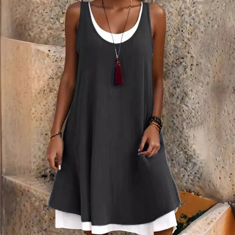 Summmer Women's Solid Dress Casual Sleeveless Fake Two Piece Loose Dresses Female O Neck Office Holiday Beach Party Dress New — image 10