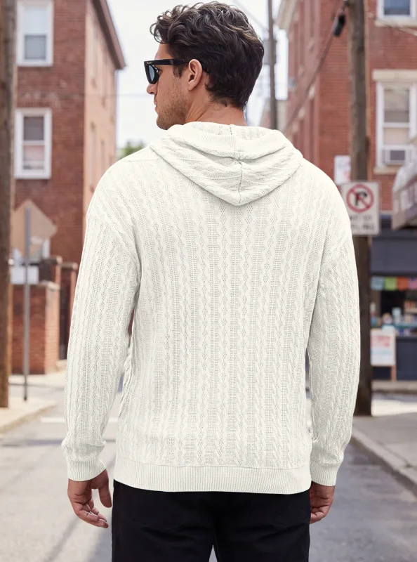Men Thin Cable Knit Hooded Sweatshirt Drawstring Hood Kangaroo Pocket Long Sleeve Loose Casual Pullover Autumn Daily Street Tops — image 21