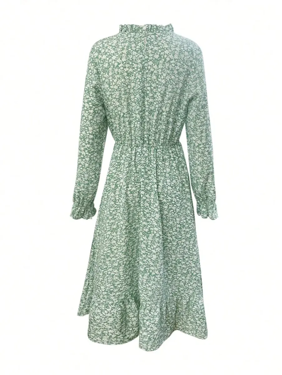 Women's Loose Midi Dress 2026 Casual 100% Polyester Ditsy Floral Print Long Sleeve with Ruffle Neck Elastic Waist & Ruffle Hem — image 3