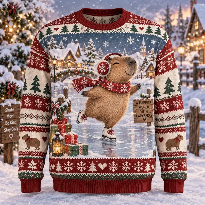 Capybara Christmas Sweater Funny Animal Holiday Graphic Crewneck Xmas Pullover Winter Party Gift Casual Streetwear Festive Top — image 11