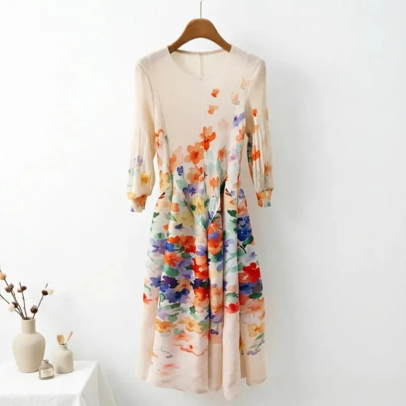 Miyake Plissee Kleider 2026 Herbst Neue Sanfte Französisch Druck Elegante Stretch Plus Größe frauen Langarm Bounce Blume Knospe kleid — image 4