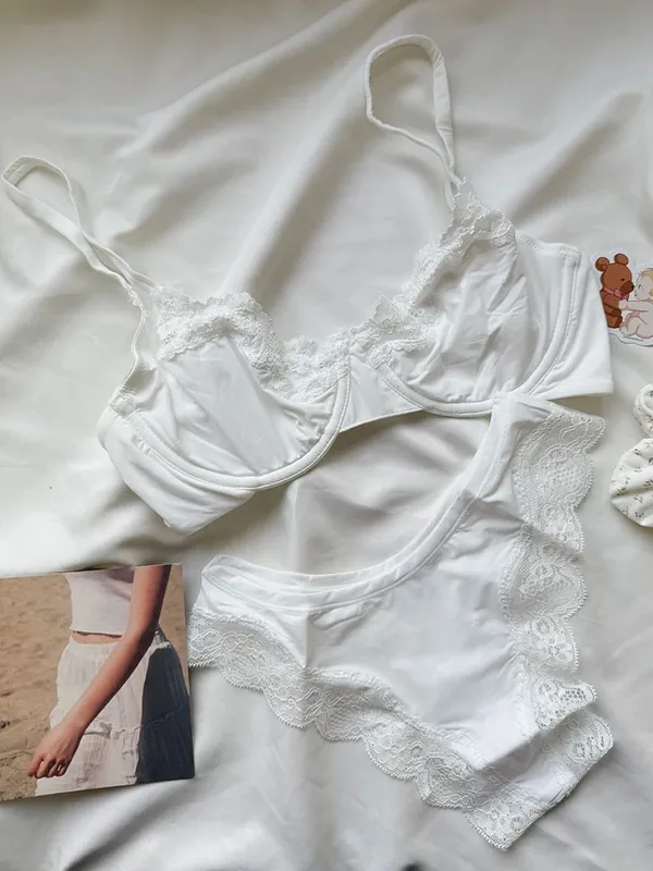 Set Bra Cawan Penuh Tanpa Garis Merah Jambu Berdawai Berdawai Lace Trim Lift Selesa Minimalis Seamless Mesra Kulit Coli Setiap Hari dan Seluar Dalam — image 10