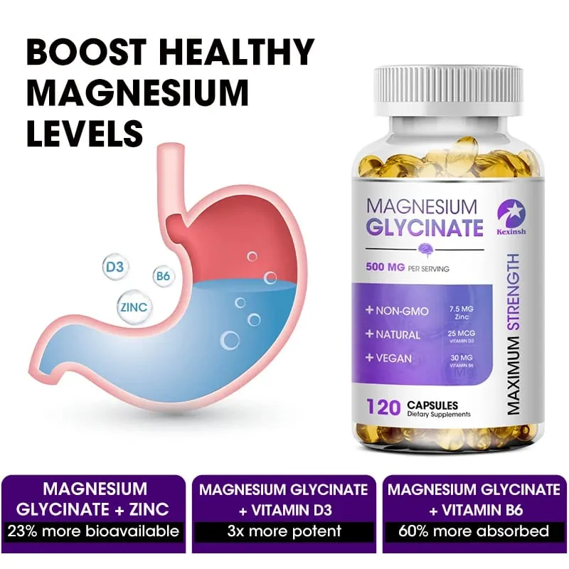 Suplemento de glicinato de magnésio Kexinsh 500 mg com vitamina D3 B6 de zinco promove sono natural, reduz o estresse e a ansiedade, não OGM — image 4