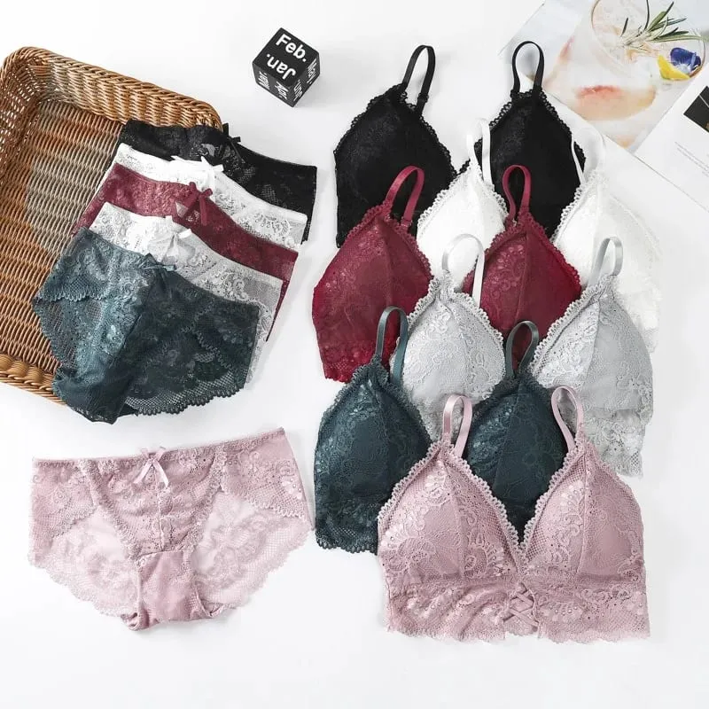 Lace Bra Set for Women Wirefree Bralette Front Criss‑Cross Floral Lace Underwear Sexy Lingerie 2‑Piece Bra And Panty Kit — image 2
