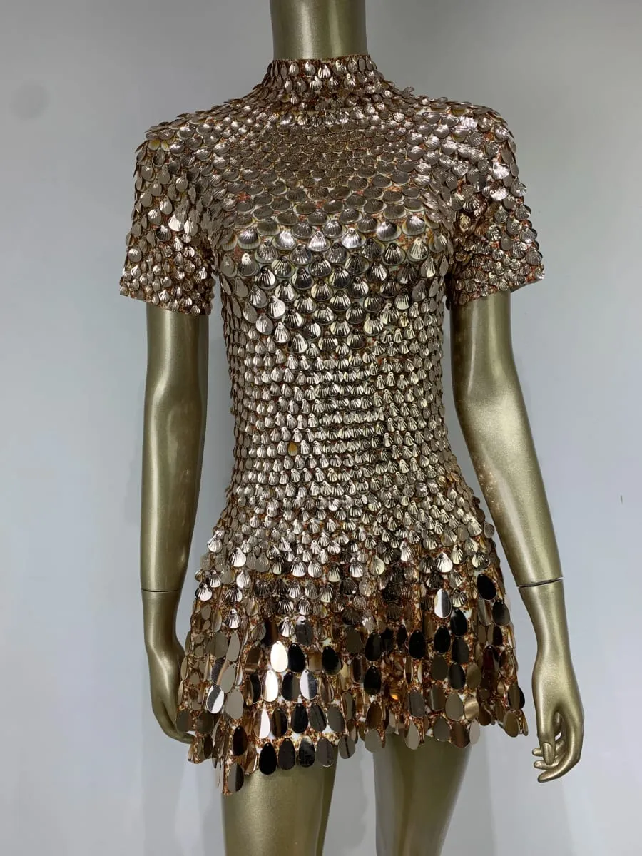Estate donna moda mezzo collo alto manica corta sirena lucida paillettes mini abito club abito discoteca costume da spettacolo teatrale — image 2