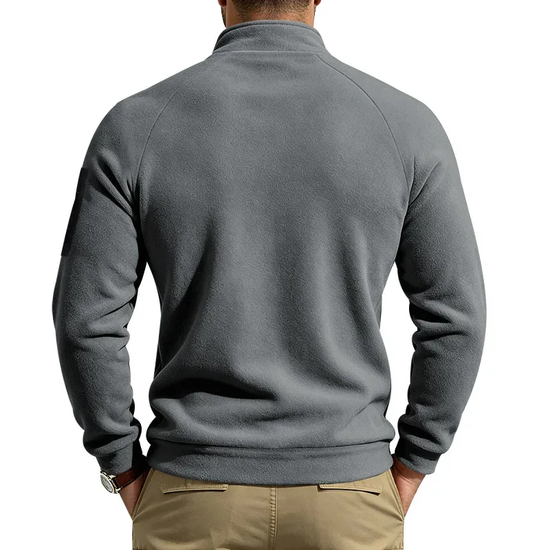 Men Fleece Stand Collar Sweatshirt Diagonal Zipper Arm Pocket Long Sleeve Loose Casual Pullover Autumn Winter Outdoor Tops — image 9