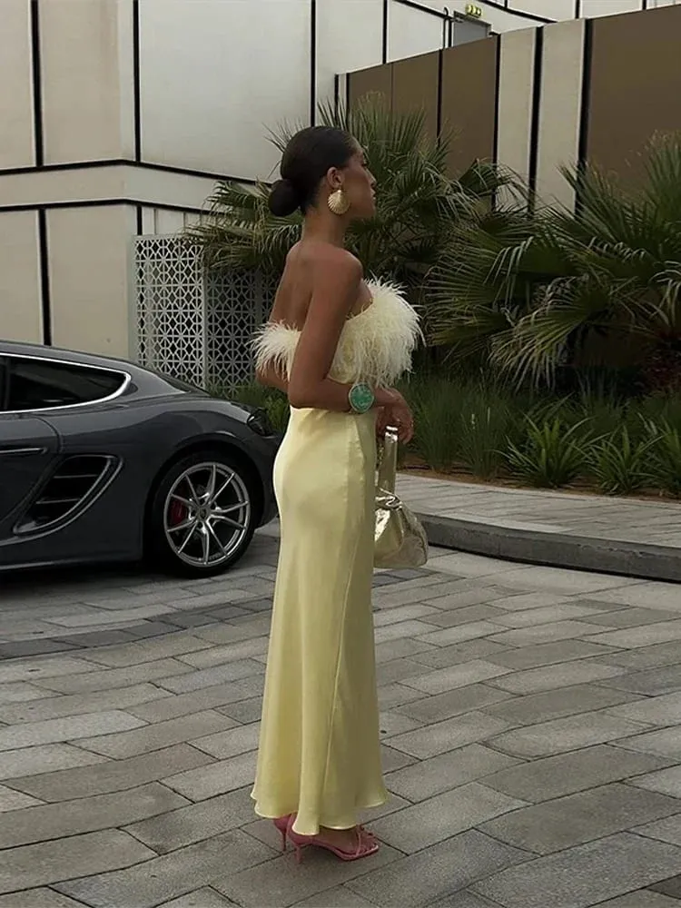 Gaun Maxi Pinggiran Satin Kuning Wanita Elegan Tanpa Tali Pinggang Tanpa Lengan Gaun Panjang Dibungkus 2025 Jubah Wanita Percutian Musim Panas Baru — image 2