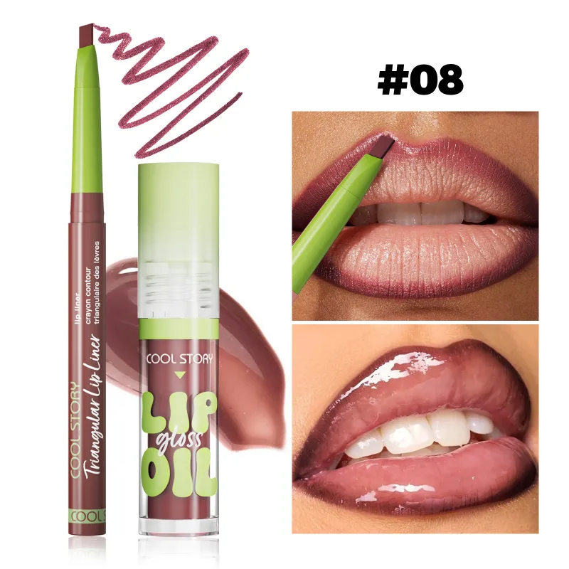 Juego de brillo de labios 2 uds., lápiz labial 2 en 1, Kit de maquillaje de contorno de labios suaves, delineador de labios mate para mujeres, Combo de aceite voluminizador, cosmético