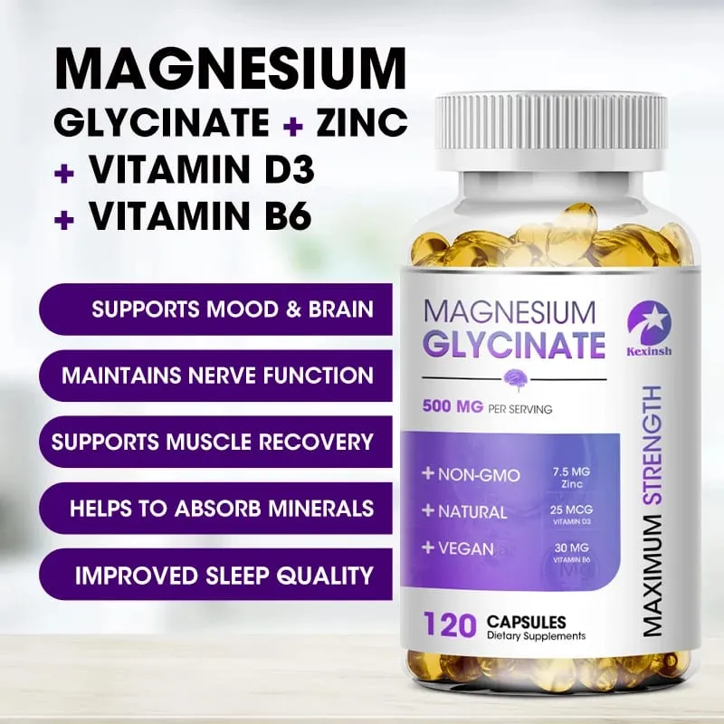 Suplemento de glicinato de magnésio Kexinsh 500 mg com vitamina D3 B6 de zinco promove sono natural, reduz o estresse e a ansiedade, não OGM — image 3