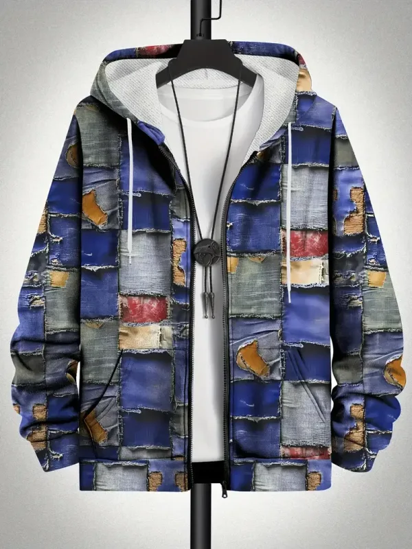 레트로 격자 무늬 인쇄 패치 워크 지퍼 업 까마귀 남성 의류 핫 스타일 긴 소매 풀오버 트렌드 streetwear 남자 지퍼 업 후드