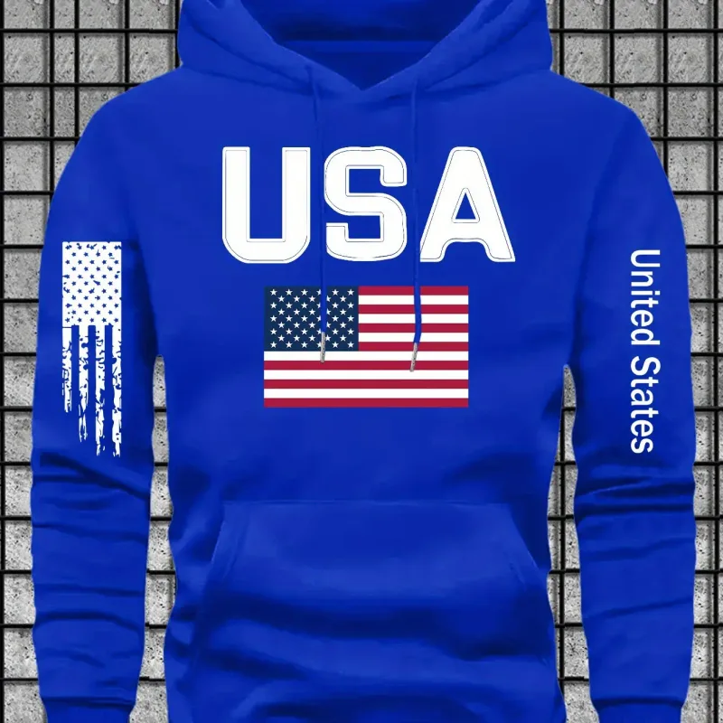 Urban patriotic-themed men's hooded sweatshirt with USA lettered and flag graphics. Street fashion design, loose turtleneck top. — image 8