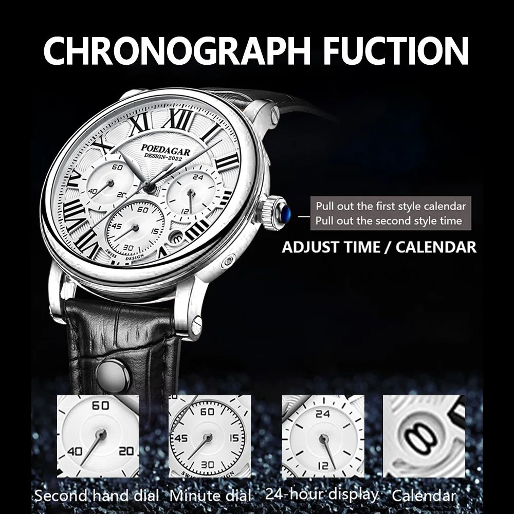 Luxury Quartz Men Wristwatch Chronograph Date Business Male Watch Waterproof Leather Fashion Men's Watches Reloj Hombre — image 4