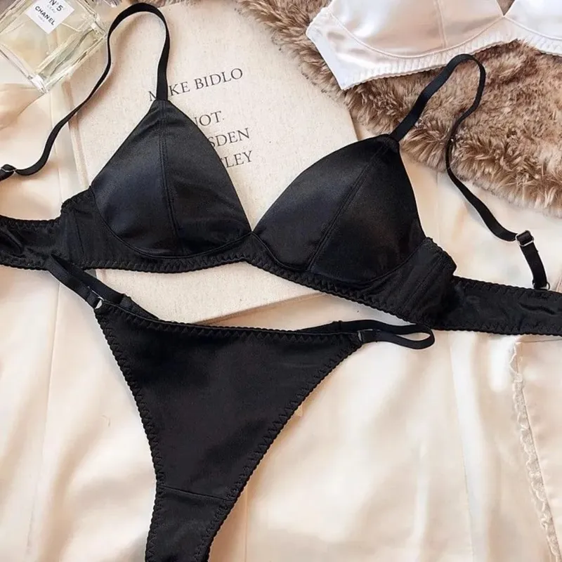 French Style Women Satin Triangle Cup Bra Set Thin Wireless Seamless Sexy Lingerie Light Support Comfort Brassiere Underwear — image 4