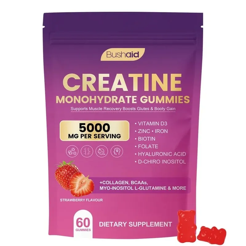BushAid Creatine Monohydrate Gummies for Post-Workout Muscle Recovery with Multi-Collagen Blend BCAA and Zinc 60 Gummies