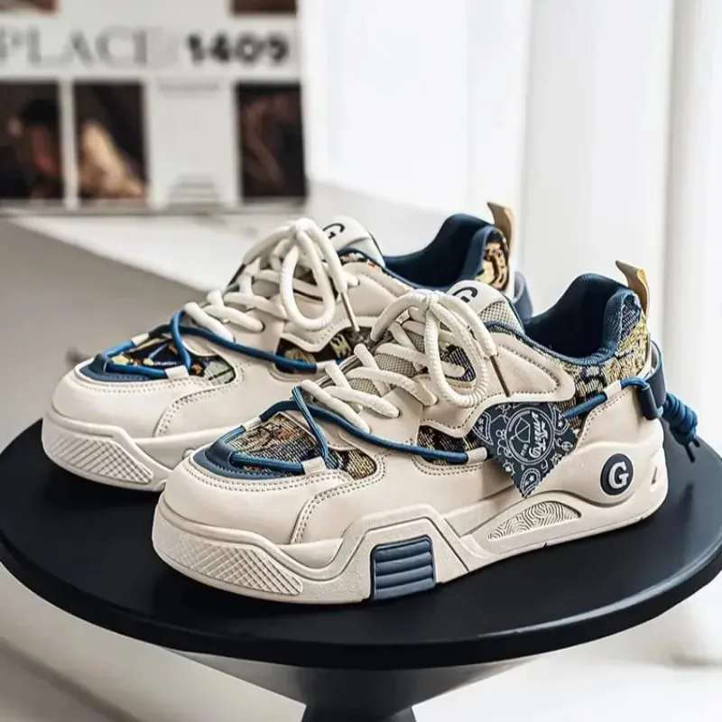 Spring Summer Men Sneakers Chunky Sole Casual Shoes Retro Color Block Graphic Print Lace Up Thick Flat Platform Footwear