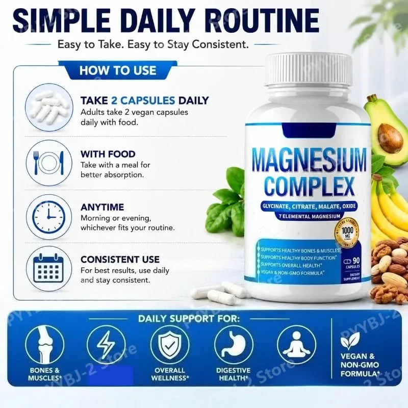 Magnesium Complex Supplement 90 Count with 7Forms of Magnesium Glycinate Citrate Malate Orotate Taurate Daily Mineral Support — image 3