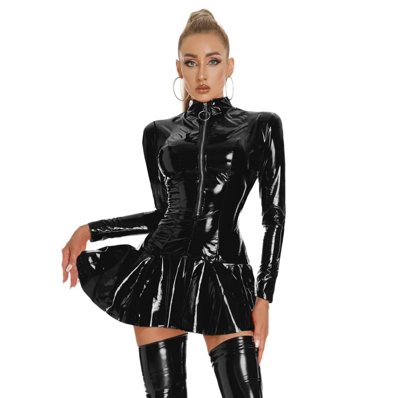 Nữ Ướt Nhìn Cao Su Da Bodycon Đầm Cao Cổ Dây Kéo Phía Trước Mini Bóng Cuồng Vũ Carnival Trình Diễn Trang Phục — image 8