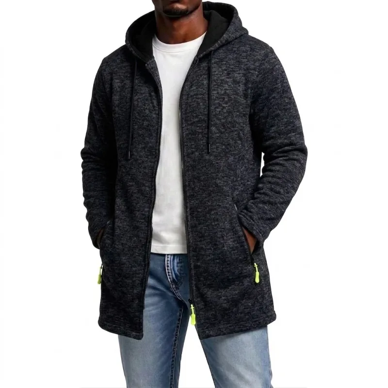 New Men's Zip Up Hoodie Casual Mid-Length Sweatshirts Fleece Jacket Warm Winter Hooded Trench Coat Outerwear with Zipper Pockets