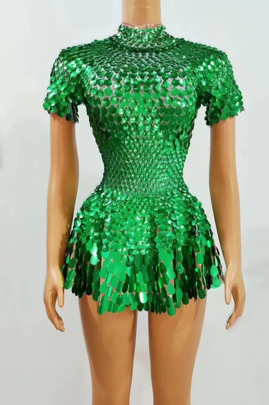 Estate donna moda mezzo collo alto manica corta sirena lucida paillettes mini abito club abito discoteca costume da spettacolo teatrale — image 14