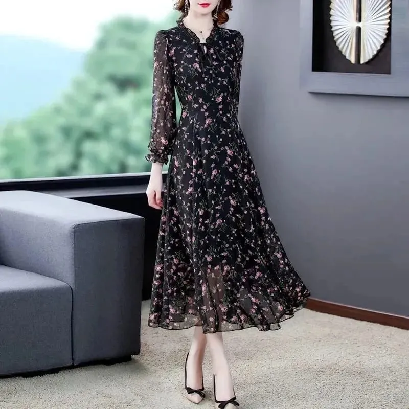 Women Summer Chiffon Printed Dresses 2025 Spring Summer Long Elegant Drawstring Dress Female Large Size Midi Dresses 6XL W752 — image 4