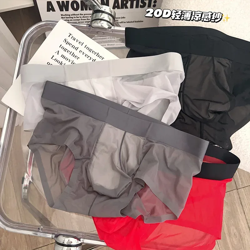 Cuecas masculinas transparentes ultra-finas de seda gelo calcinha de secagem rápida sexy u bulge bolsa homem roupa interior respirável cuecas — image 11