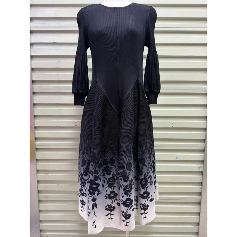 Miyake Plissee Kleider 2026 Herbst Neue Sanfte Französisch Druck Elegante Stretch Plus Größe frauen Langarm Bounce Blume Knospe kleid — image 7
