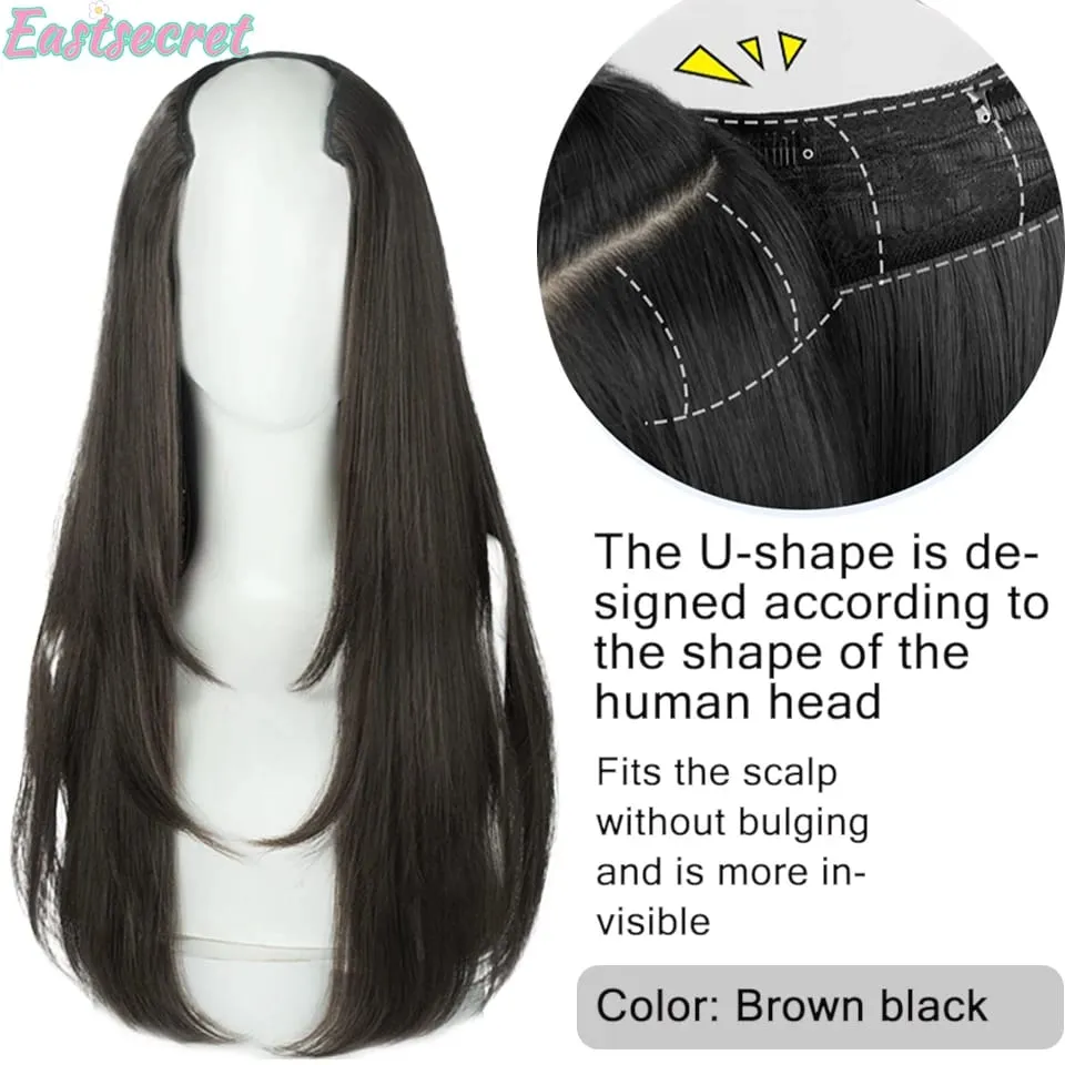 Synthetic Long Straight U-Shaped Arrangement Half Head Wig for Women Black Brown Clips in Hair Extension Natural Fake Hairpieces — image 8