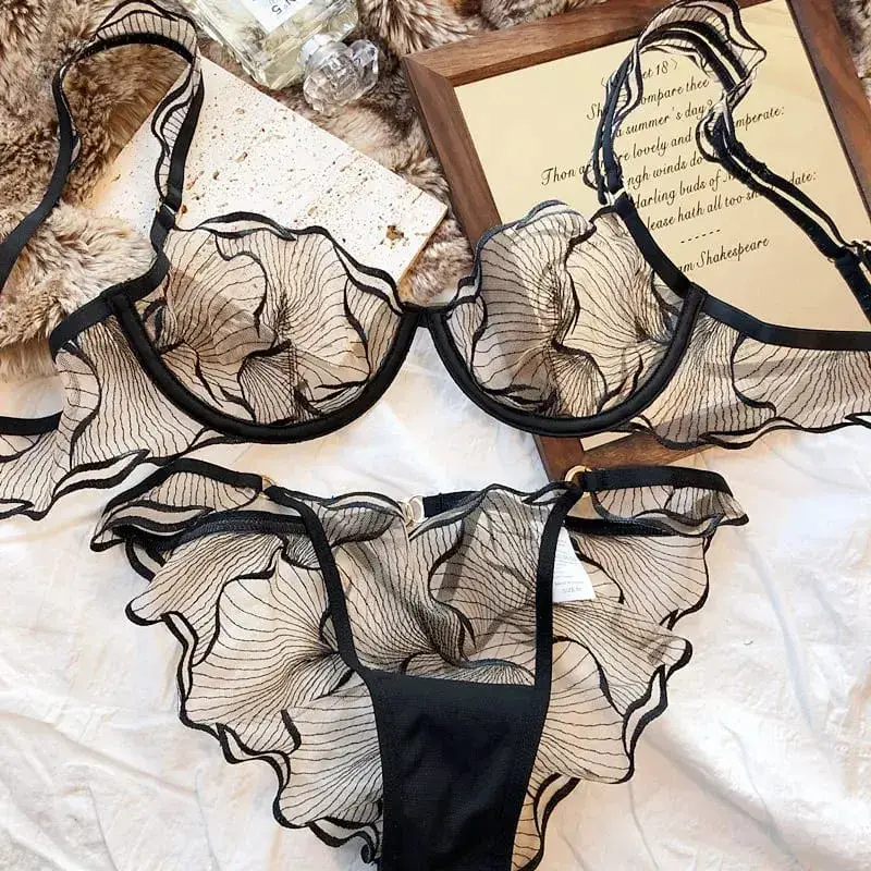 Womens French Lace Bra Set Ultra Thin Embroidery Hollow Minimizer Brassiere Sheer Lingerie Underwear Soft Comfortable 32 to 38