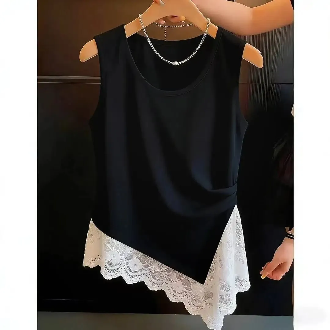 Tagsibol at tag-araw na malalaking sukat na damit ng kababaihan bagong commuter wind pleated na disenyo kahulugan lace lace splicing irregular vest — image 8