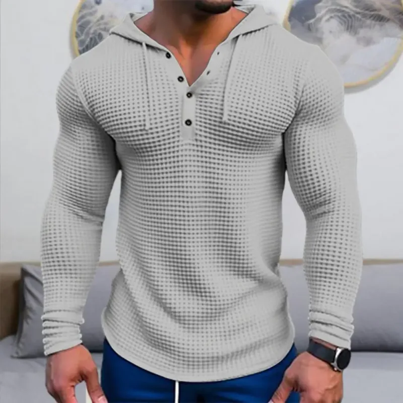 Warna Pepejal Musim Bunga Slim Fit Lengan Panjang T-shirt Lelaki Bertudung Bernafas Sukan Atasan Wafel Kapas Baju Lengan Panjang Kasual — image 3