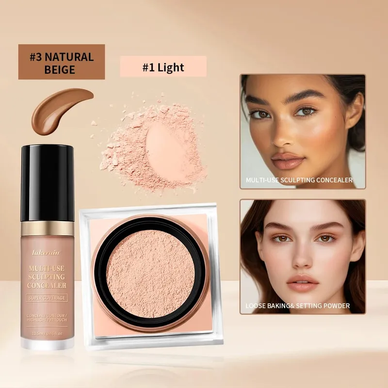 2ks sada na make-up na obličej s korektorem a sypkým pudrem na obličej s hladkým matným povrchem pro ženy, korejský make-up — image 12