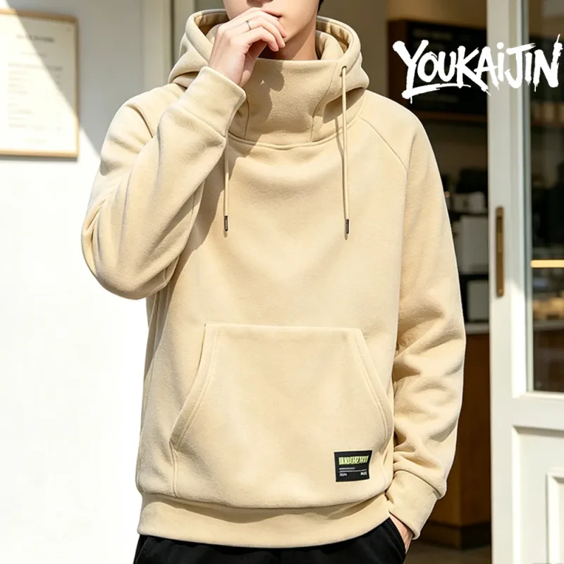 Men's Polar Fleece Sweatshirt Solid Color Street Style Autumn Winter Hood Sports Windproof Oversized High Collar Hoodie 5XL — image 6