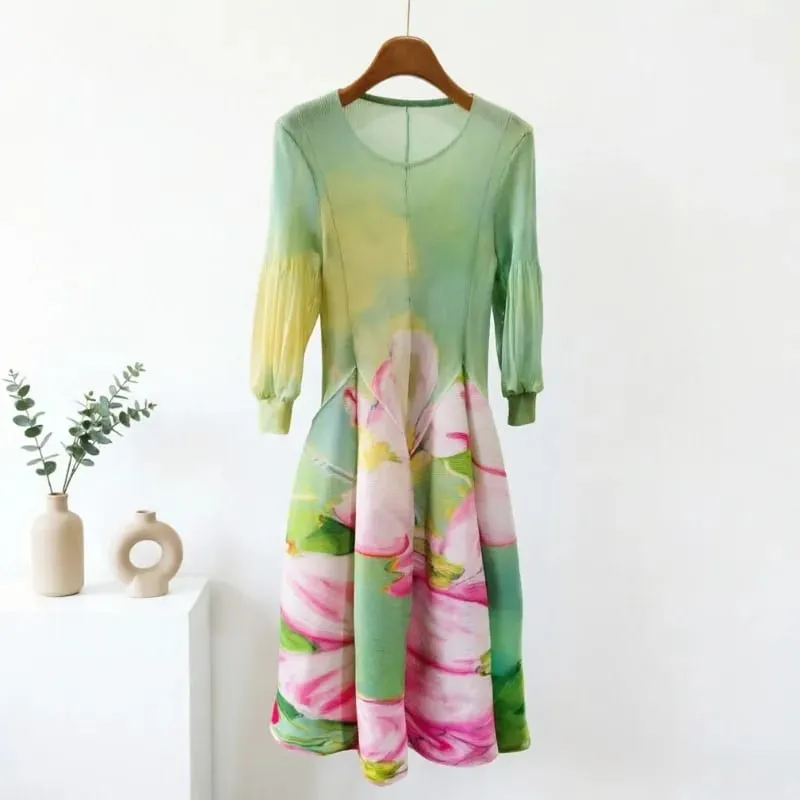 Miyake Plissee Kleider 2026 Herbst Neue Sanfte Französisch Druck Elegante Stretch Plus Größe frauen Langarm Bounce Blume Knospe kleid — image 3