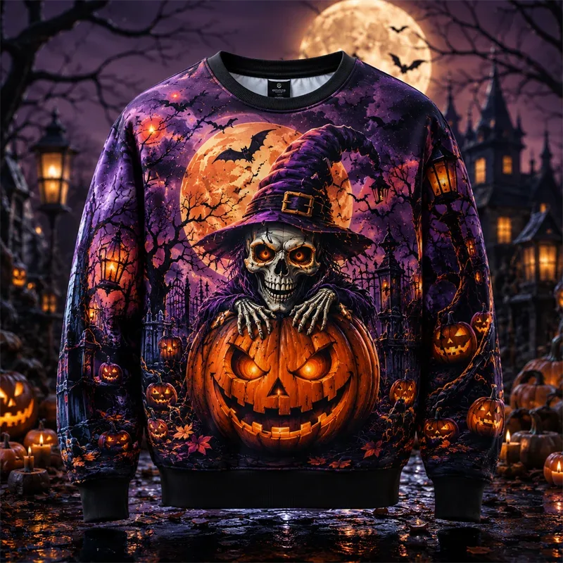 2026 New Pumpkin Print Halloween Sweatshirts Fashion Trendy Long Sleeve Holiday Wear Sweater Loose Streetwear Hip Hop Pullovers — image 4