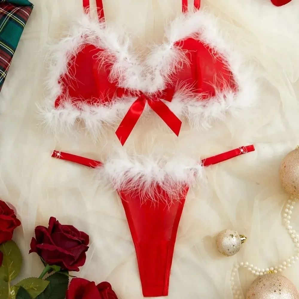 Furry Women's Underwear Mesh Transparent Bow Decor Lingerie Set Wireless Romantic Intimate Bra Panties Suit Anniversary