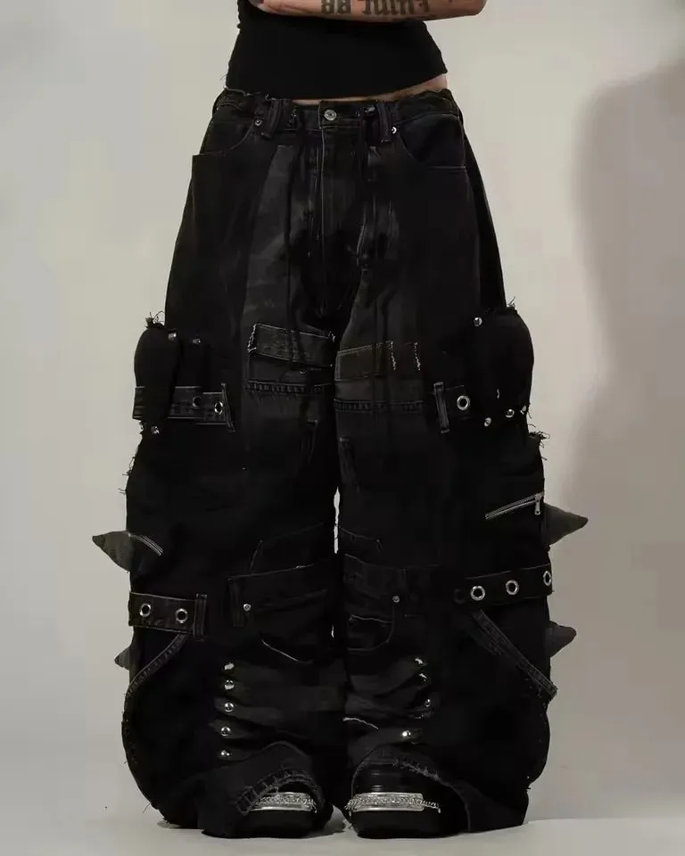 Black Baggy Cargo Jeans Men Women Heavy Multi Pocket Zipper Detail Streetwear Casual Fashion Pants Wide Leg Loose Fit Soft Y2K — image 3