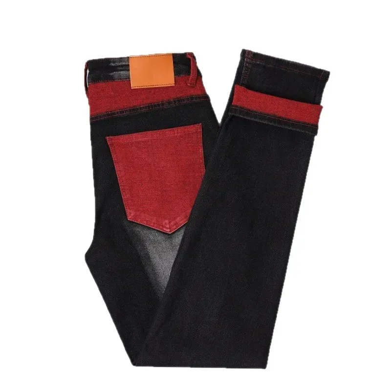 Vaqueros elásticos negros para hombre para primavera y otoño Pantalones vaqueros con detalles rasgados rojos Tallas asiáticas 28–42. — image 6